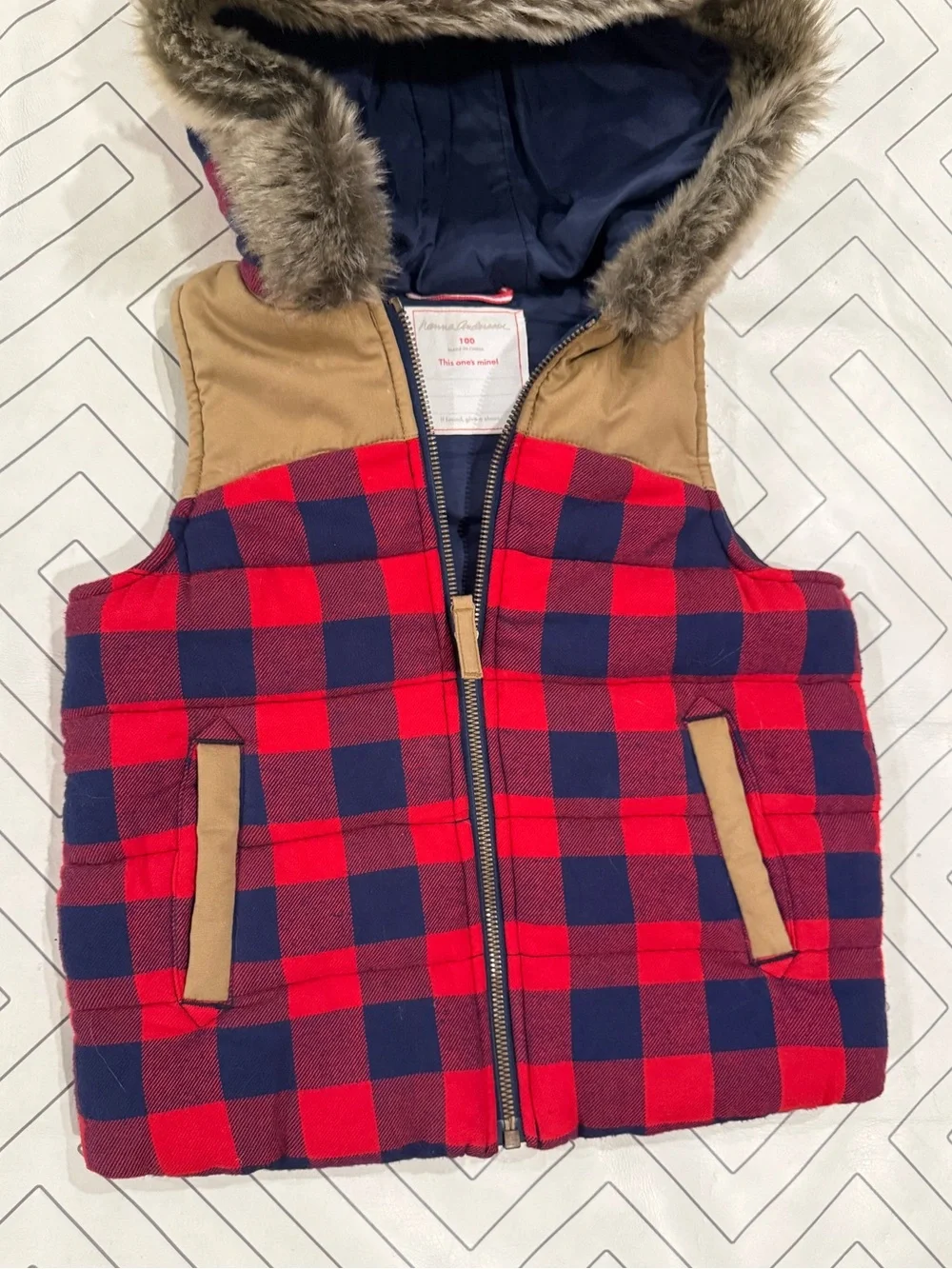 Hana Andersson Navy and Red Plaid Hooded Vest